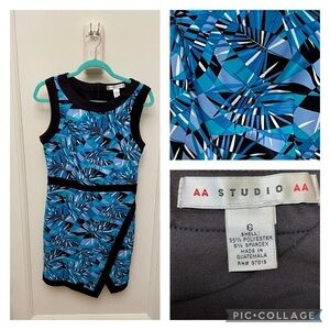AA Studio Sheath Dress Blue Leaf Print Asymmetrical Hem Size 6